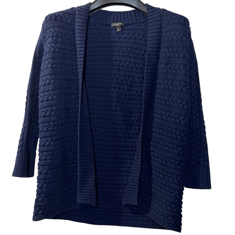 Talbots women’s open cardigan‎ size medium cabled knit navy sweater